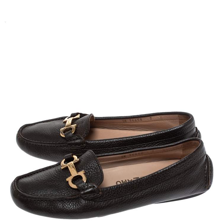 Pre Owned Salvatore Ferragamo Black Leather Gancini Bit Loafers Size 37.5