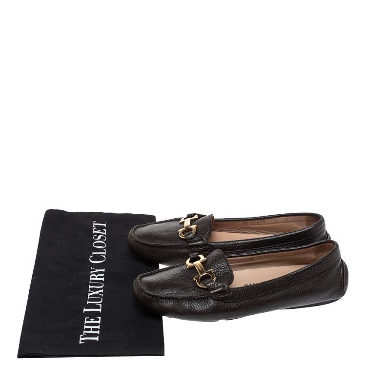 Pre Owned Salvatore Ferragamo Black Leather Gancini Bit Loafers Size 37.5