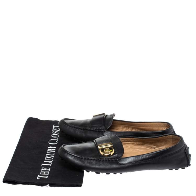 Pre Owned Salvatore Ferragamo Black Leather Gancio Lock Slip On Loafers Size 40.5 