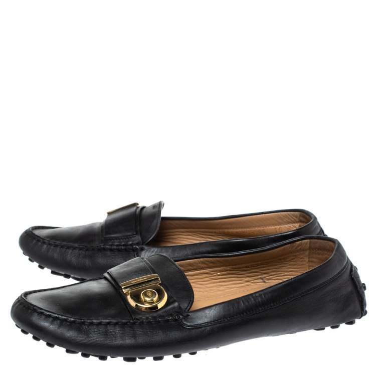 Pre Owned Salvatore Ferragamo Black Leather Gancio Lock Slip On Loafers Size 40.5 