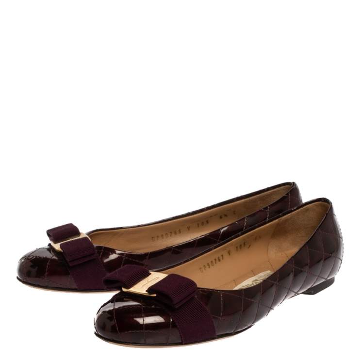 Pre Owned Salvatore Ferragamo Burgundy Quilted Patent Leather Varina Vara Bow Flats Size 37
