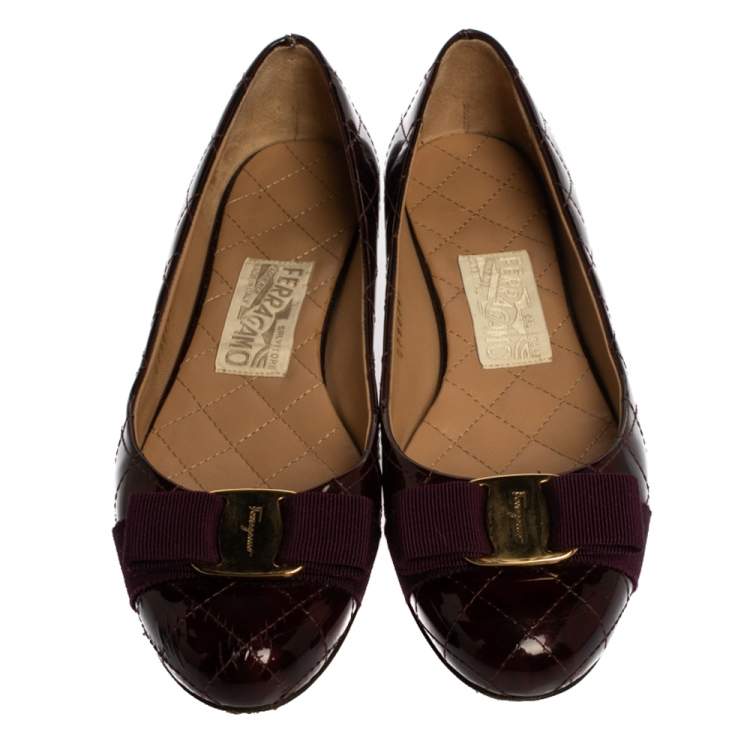 Pre Owned Salvatore Ferragamo Burgundy Quilted Patent Leather Varina Vara Bow Flats Size 37