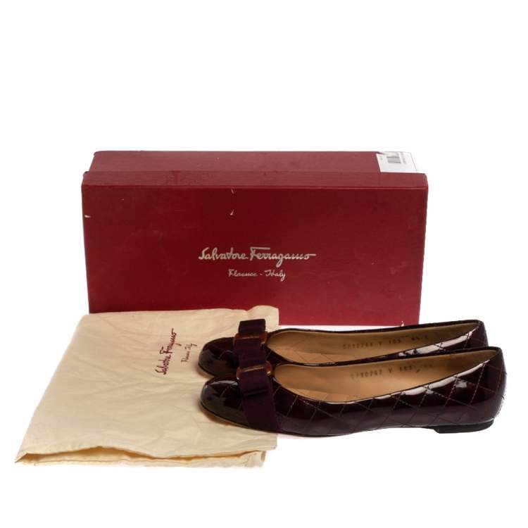 Pre Owned Salvatore Ferragamo Burgundy Quilted Patent Leather Varina Vara Bow Flats Size 37