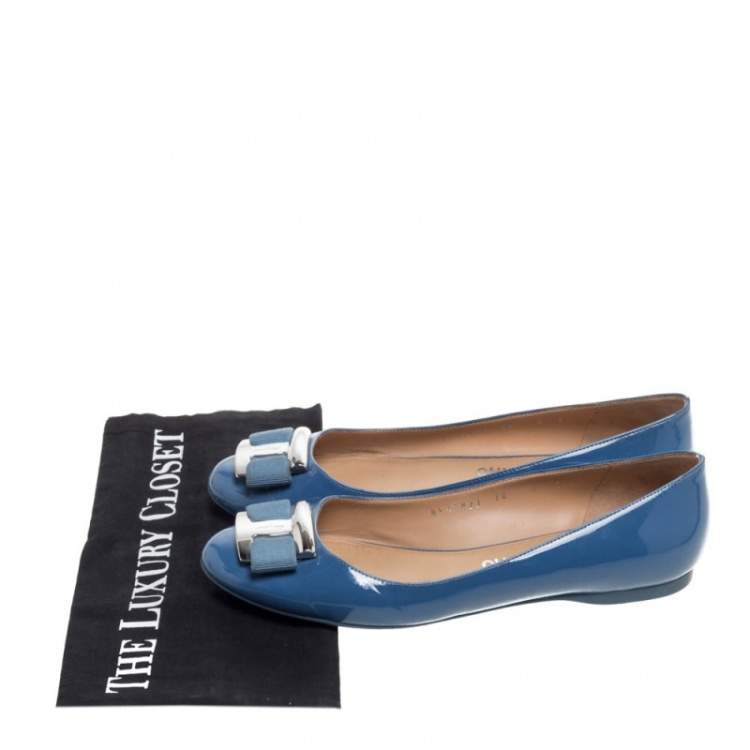 Pre Owned Salvatore Ferragamo Blue Patent Leather Ninna Kangaroo Bow Ballet Flats Size 38.5