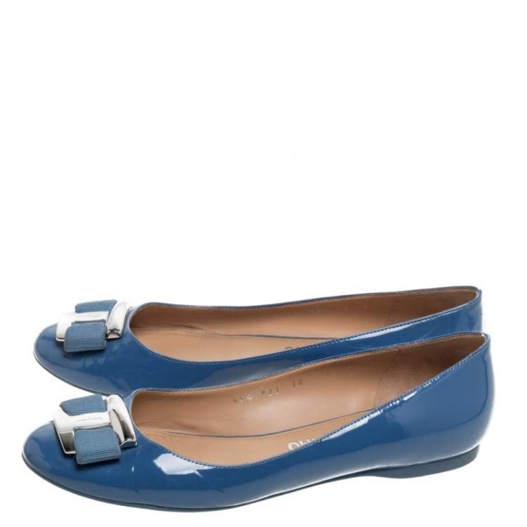 Pre Owned Salvatore Ferragamo Blue Patent Leather Ninna Kangaroo Bow Ballet Flats Size 38.5