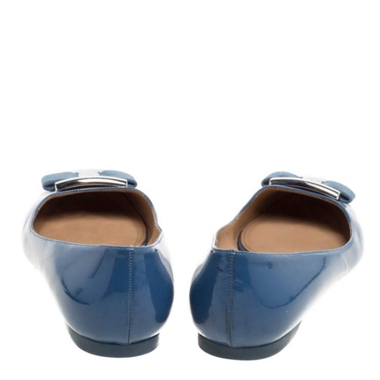 Pre Owned Salvatore Ferragamo Blue Patent Leather Ninna Kangaroo Bow Ballet Flats Size 38.5