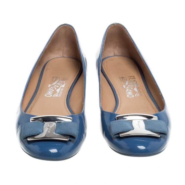 Pre Owned Salvatore Ferragamo Blue Patent Leather Ninna Kangaroo Bow Ballet Flats Size 38.5