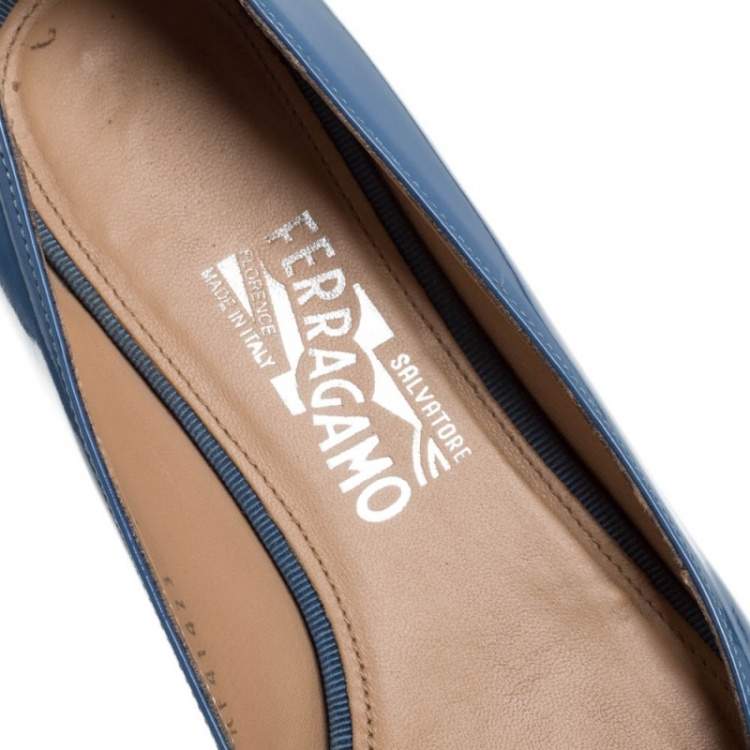 Pre Owned Salvatore Ferragamo Blue Patent Leather Ninna Kangaroo Bow Ballet Flats Size 38.5