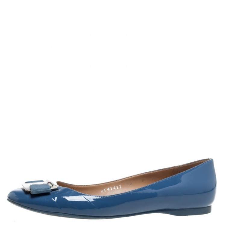 Pre Owned Salvatore Ferragamo Blue Patent Leather Ninna Kangaroo Bow Ballet Flats Size 38.5