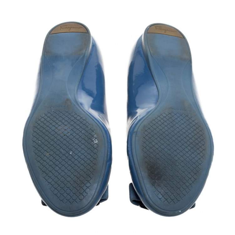 Pre Owned Salvatore Ferragamo Blue Patent Leather Ninna Kangaroo Bow Ballet Flats Size 38.5