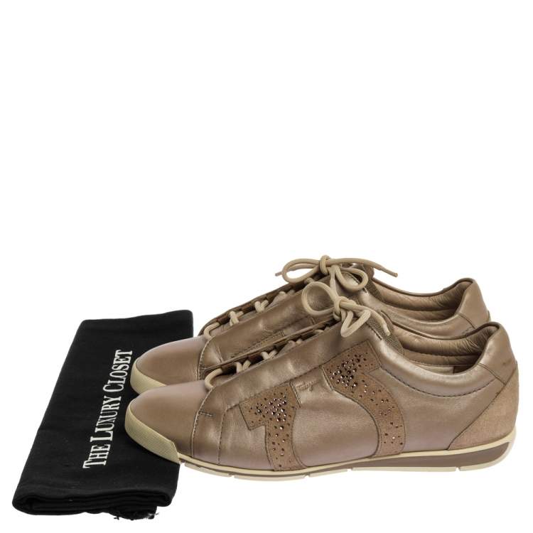 Pre Owned Salvatore Ferragamo Beige Leather and Suede Crystal Embellished Low Top Sneakers Size 39.5