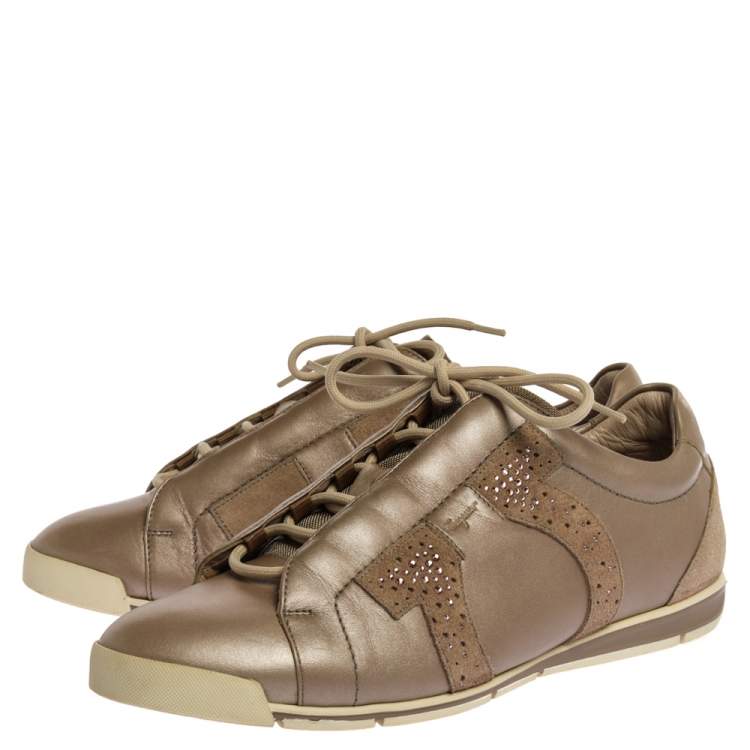 Pre Owned Salvatore Ferragamo Beige Leather and Suede Crystal Embellished Low Top Sneakers Size 39.5