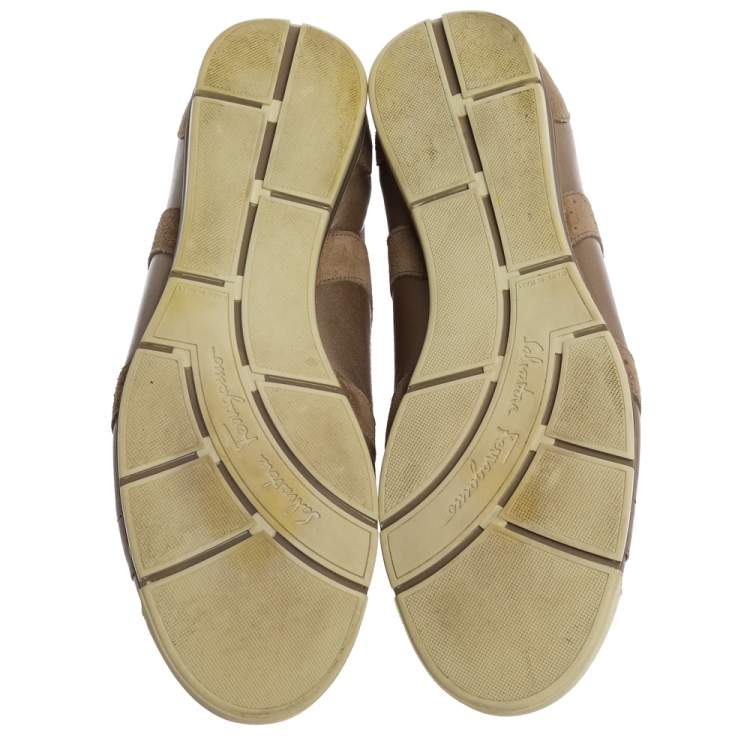 Pre Owned Salvatore Ferragamo Beige Leather and Suede Crystal Embellished Low Top Sneakers Size 39.5