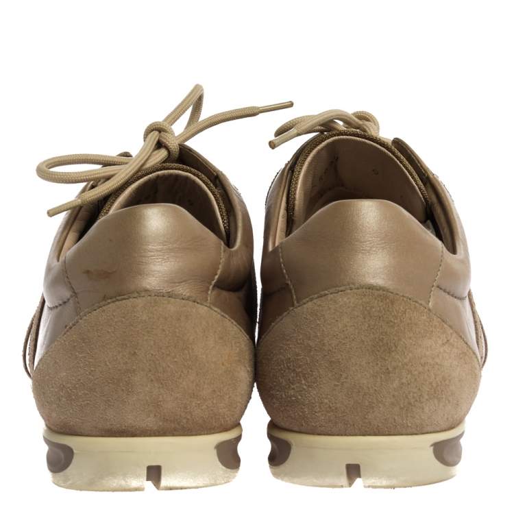 Pre Owned Salvatore Ferragamo Beige Leather and Suede Crystal Embellished Low Top Sneakers Size 39.5