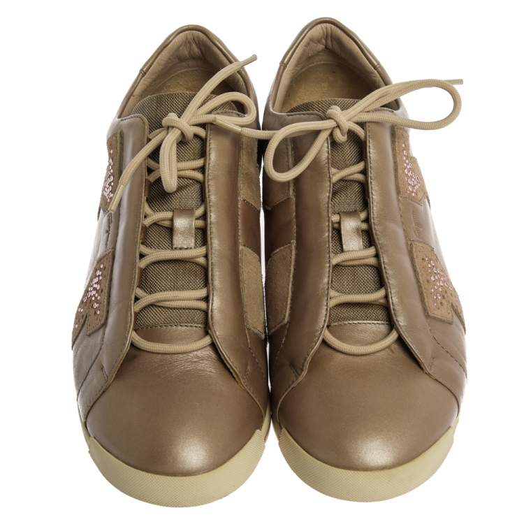 Pre Owned Salvatore Ferragamo Beige Leather and Suede Crystal Embellished Low Top Sneakers Size 39.5