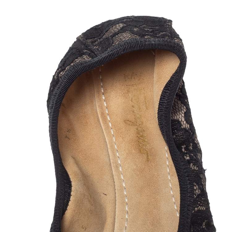 مملوكة مسبقًا Salvatore Ferragamo Black Lace My Joy Bow Scrunch Ballet Flats Size 38