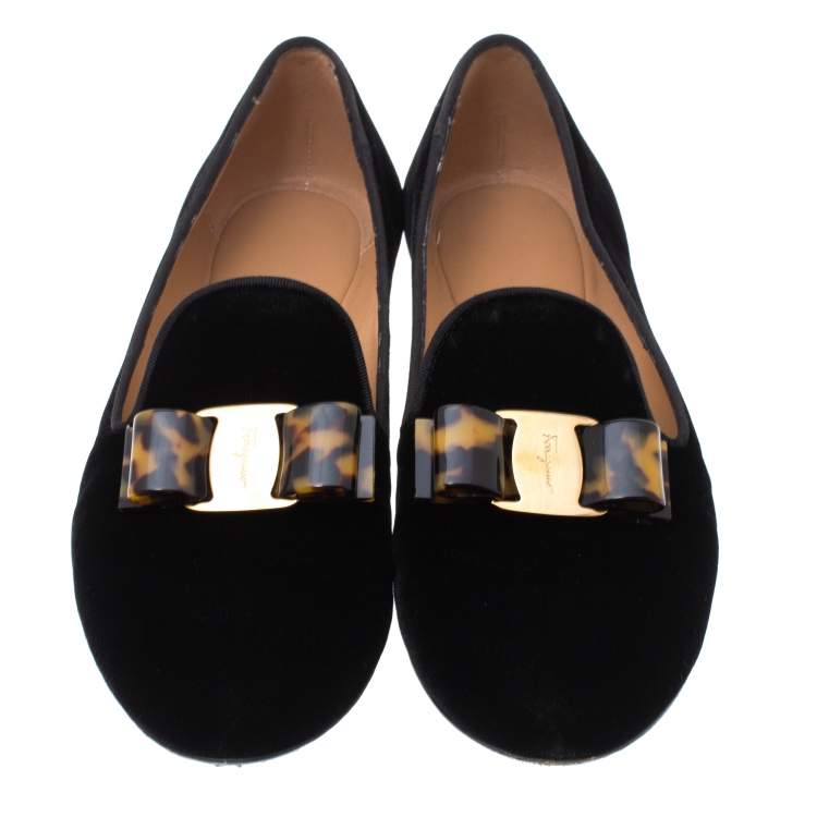 Pre Owned Salvatore Ferragamo Black Velvet Bow Detail Smoking Slippers Size 37.5