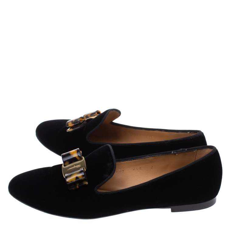 Pre Owned Salvatore Ferragamo Black Velvet Bow Detail Smoking Slippers Size 37.5