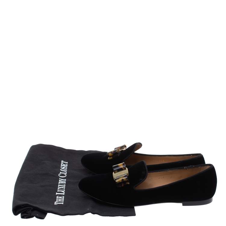 Pre Owned Salvatore Ferragamo Black Velvet Bow Detail Smoking Slippers Size 37.5
