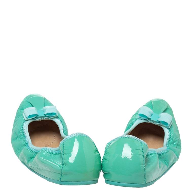 Pre Owned Salvatore Ferragamo Green Patent Leather Bow Slip On Ballet Flats Size 40.5