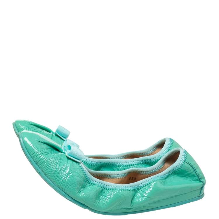 Pre Owned Salvatore Ferragamo Green Patent Leather Bow Slip On Ballet Flats Size 40.5