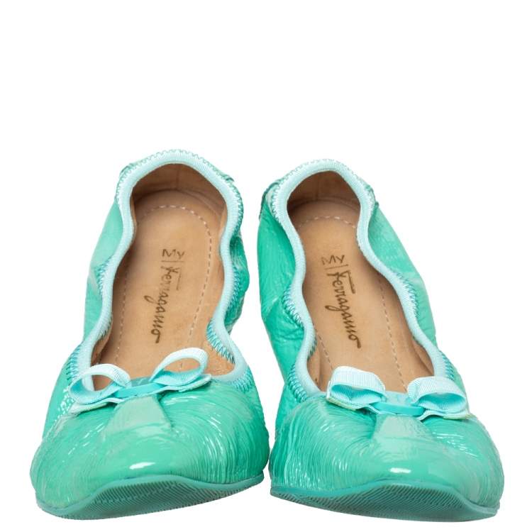 Pre Owned Salvatore Ferragamo Green Patent Leather Bow Slip On Ballet Flats Size 40.5