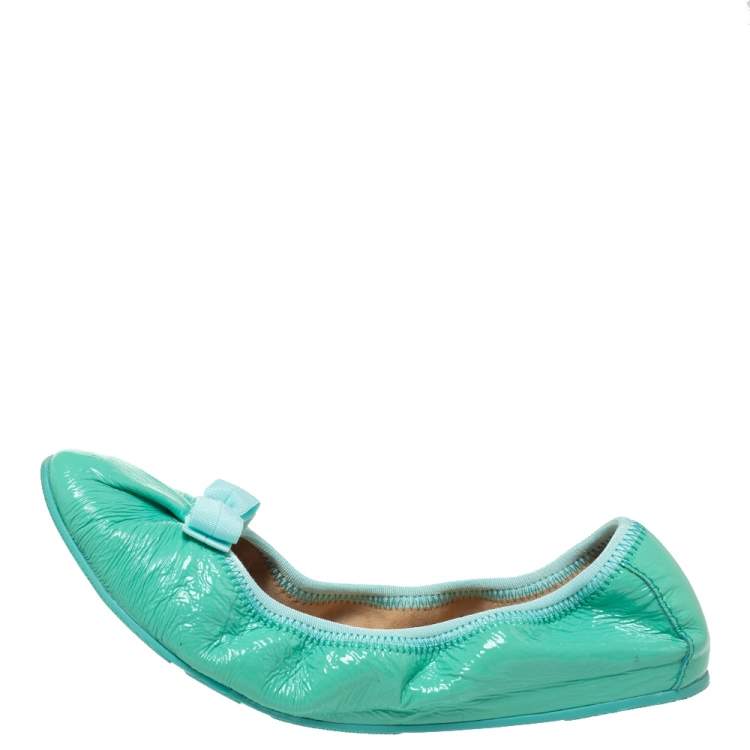 Pre Owned Salvatore Ferragamo Green Patent Leather Bow Slip On Ballet Flats Size 40.5