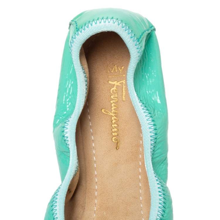 Pre Owned Salvatore Ferragamo Green Patent Leather Bow Slip On Ballet Flats Size 40.5