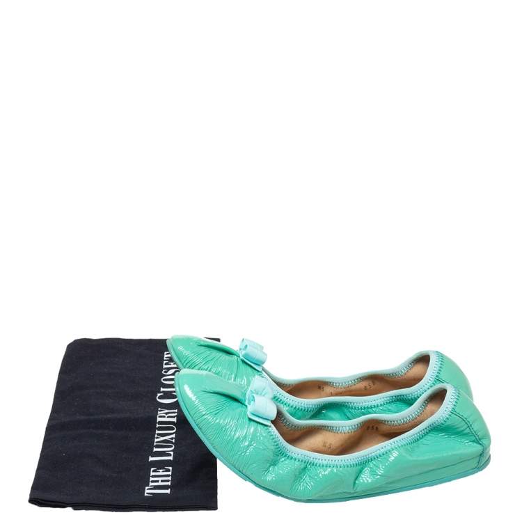 Pre Owned Salvatore Ferragamo Green Patent Leather Bow Slip On Ballet Flats Size 40.5