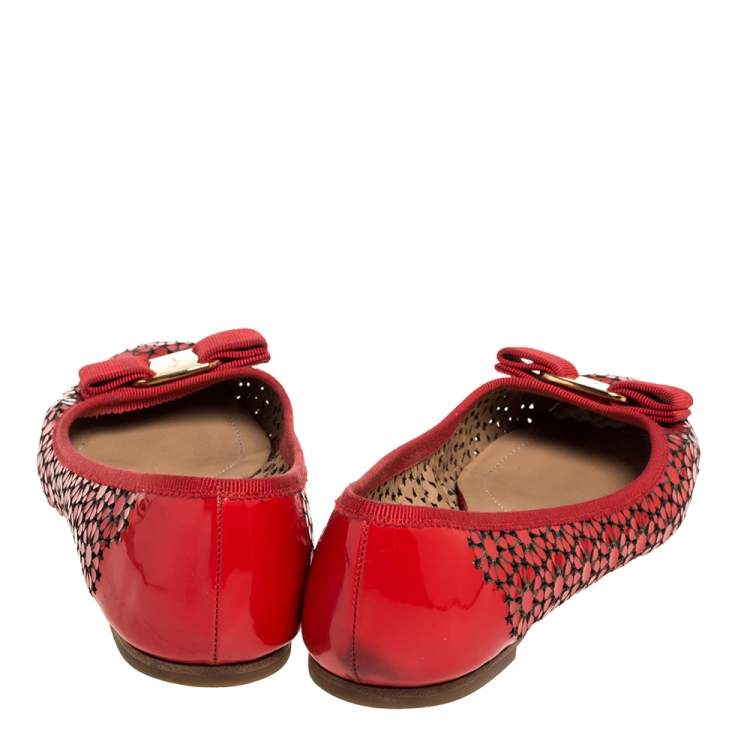 Pre Owned Salvatore Ferragamo Red Patent Leather Laser Cut Ballet Flats Size 37.5