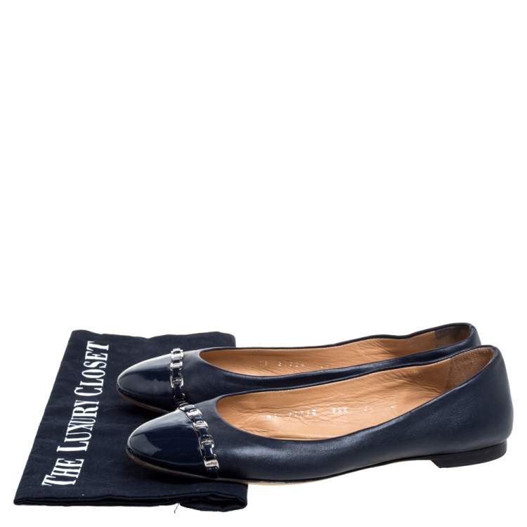 Pre Owned Salvatore Ferragamo Navy Blue Leather Pim Chain Ballet Flats Size 38