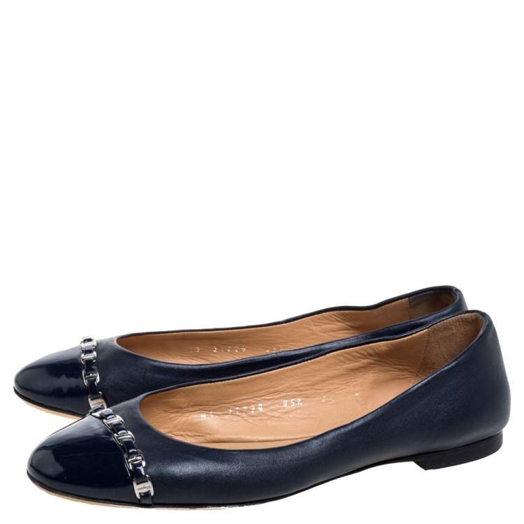 Pre Owned Salvatore Ferragamo Navy Blue Leather Pim Chain Ballet Flats Size 38
