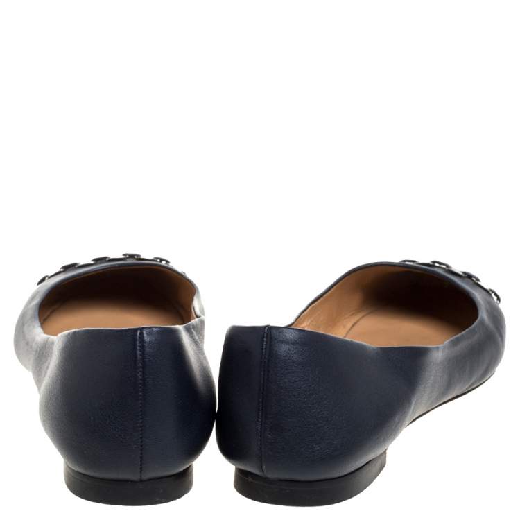 Pre Owned Salvatore Ferragamo Navy Blue Leather Pim Chain Ballet Flats Size 38