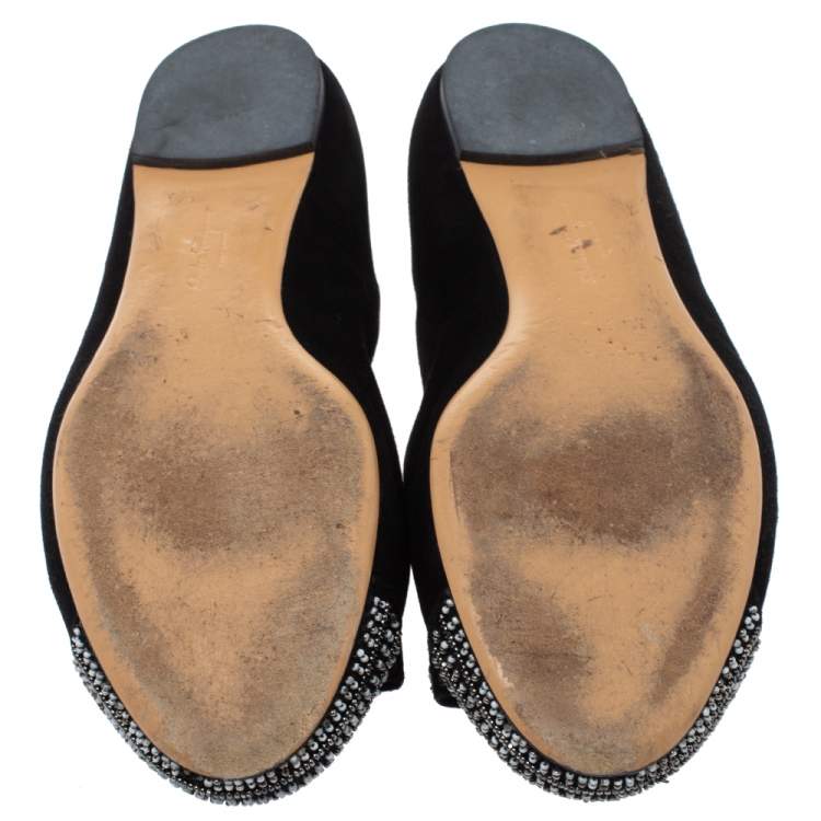 مملوكة مسبقًا Salvatore Ferragamo Black Suede Crystal Bow Ballet Flats Size 39.5