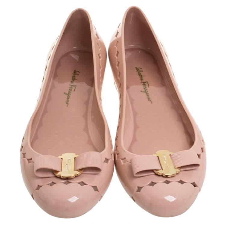 Pre Owned Salvatore Ferragamo Beige Jelly Bow Ballet Flats Size 38.5