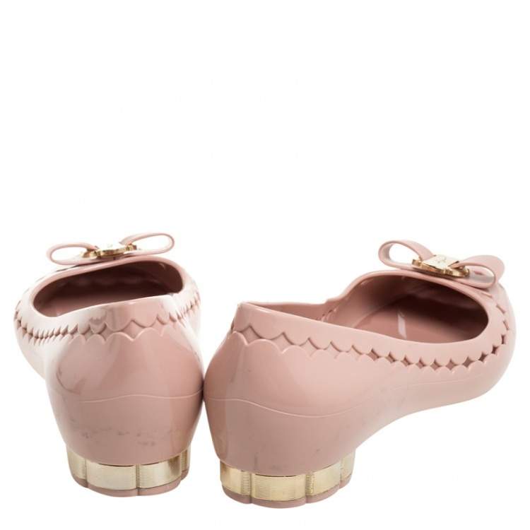 Pre Owned Salvatore Ferragamo Beige Jelly Bow Ballet Flats Size 38.5