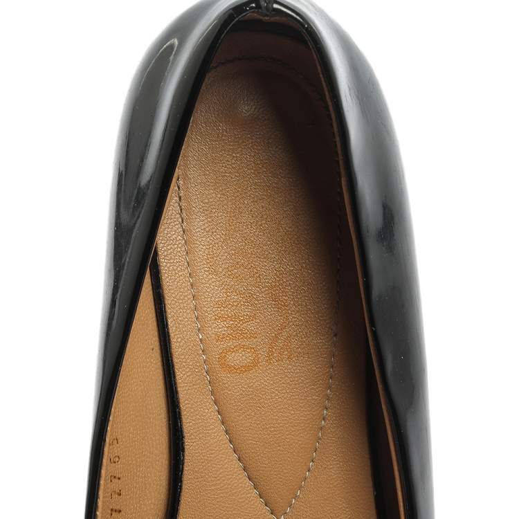 Pre Owned Salvatore Ferragamo Black Patent Leather Vara Bow Flats Size 37