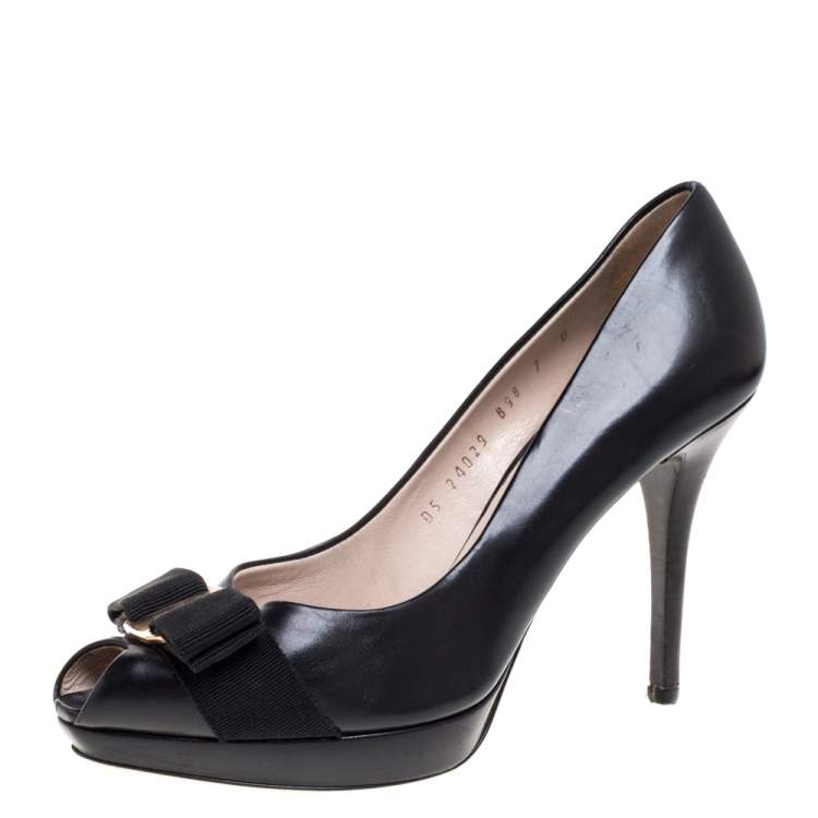 Salvatore Ferragamo Black Leather Plum Peep Toe Platform