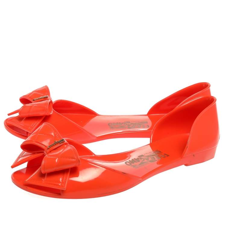 Pre Owned Salvatore Ferragamo Orange Jelly Bow Flats Size 40.5