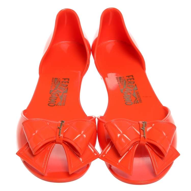 Pre Owned Salvatore Ferragamo Orange Jelly Bow Flats Size 40.5
