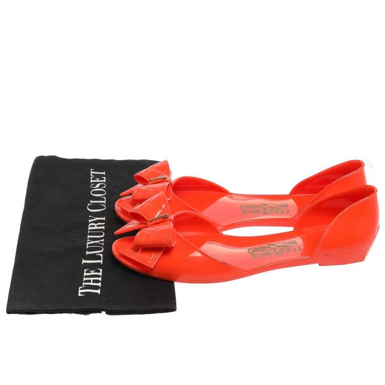 Pre Owned Salvatore Ferragamo Orange Jelly Bow Flats Size 40.5