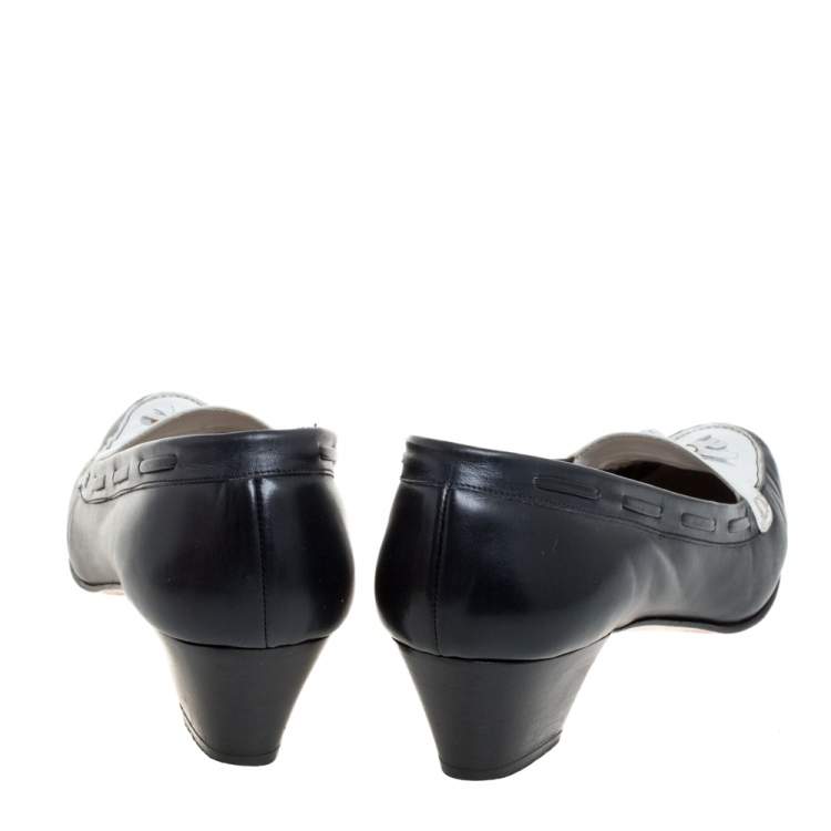 Pre Owned Salvatore Ferragamo Black Leather Fringe Bow Detail Loafers Pumps Size 39.5