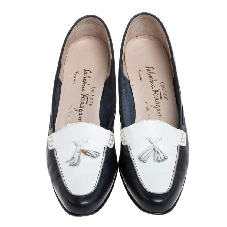 Pre Owned Salvatore Ferragamo Black Leather Fringe Bow Detail Loafers Pumps Size 39.5