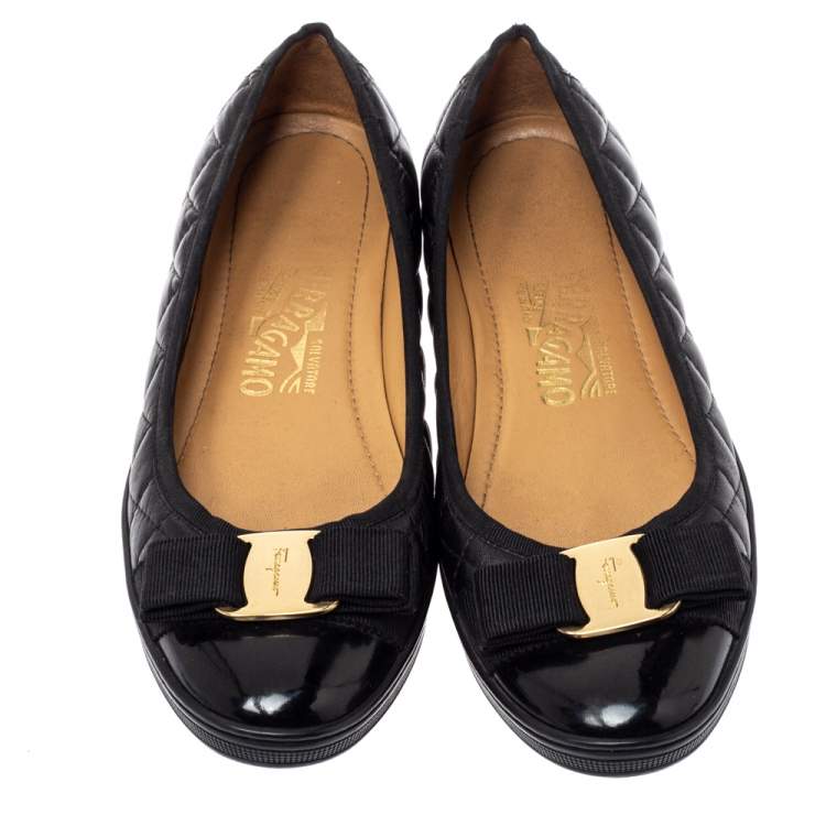 Pre Owned Salvatore Ferragamo Black Quilted Leather Varina Ballet Flats Size 37