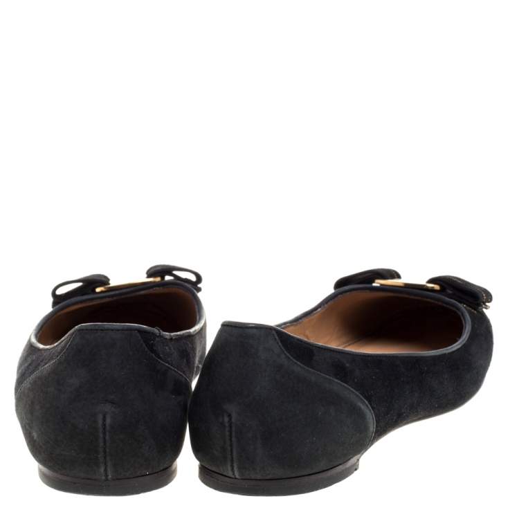 Pre Owned Salvatore Ferragamo Black Suede Vara Bow Ballet Flats Size 37