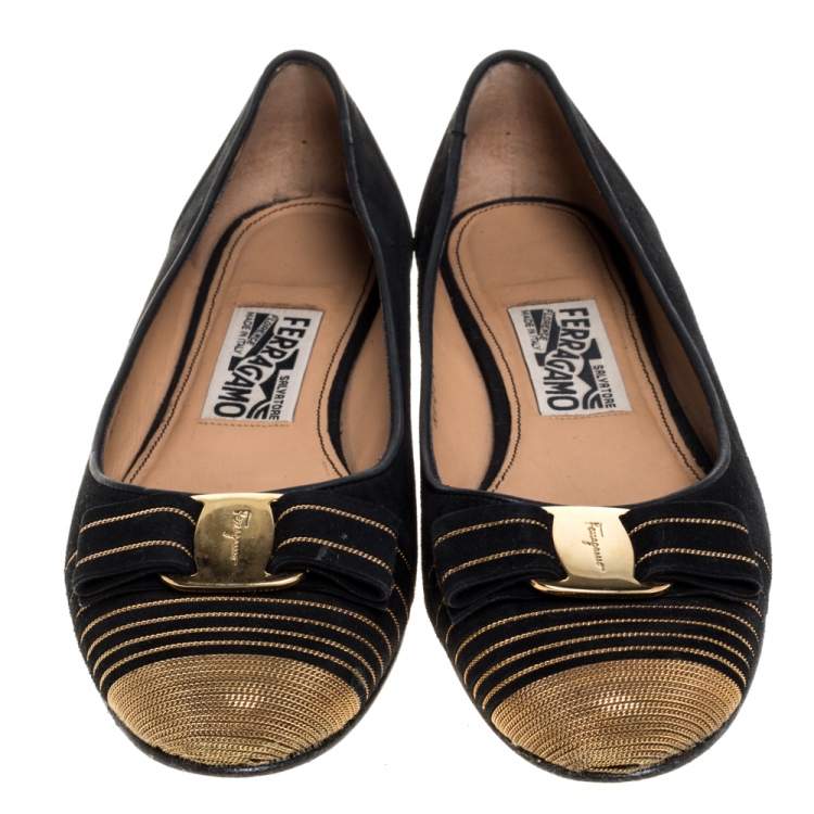 Pre Owned Salvatore Ferragamo Black Suede Vara Bow Ballet Flats Size 37