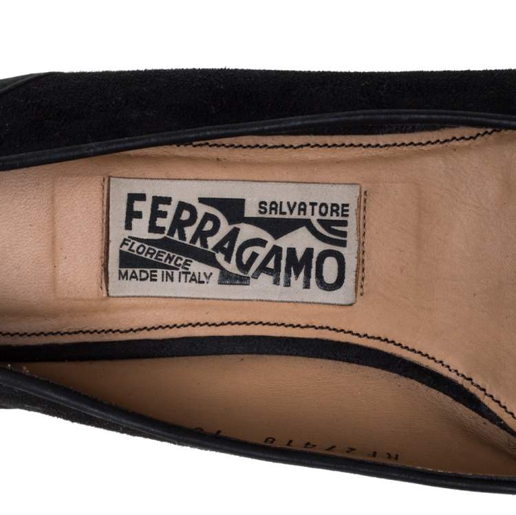 Pre Owned Salvatore Ferragamo Black Suede Vara Bow Ballet Flats Size 37