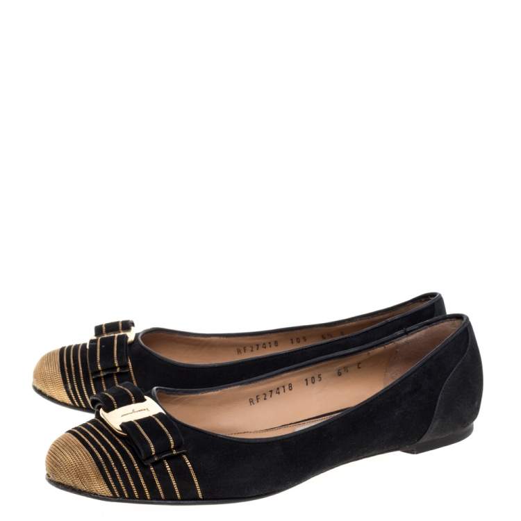 Pre Owned Salvatore Ferragamo Black Suede Vara Bow Ballet Flats Size 37