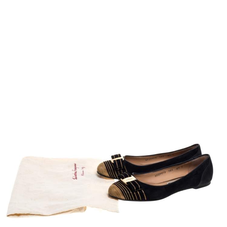 Pre Owned Salvatore Ferragamo Black Suede Vara Bow Ballet Flats Size 37