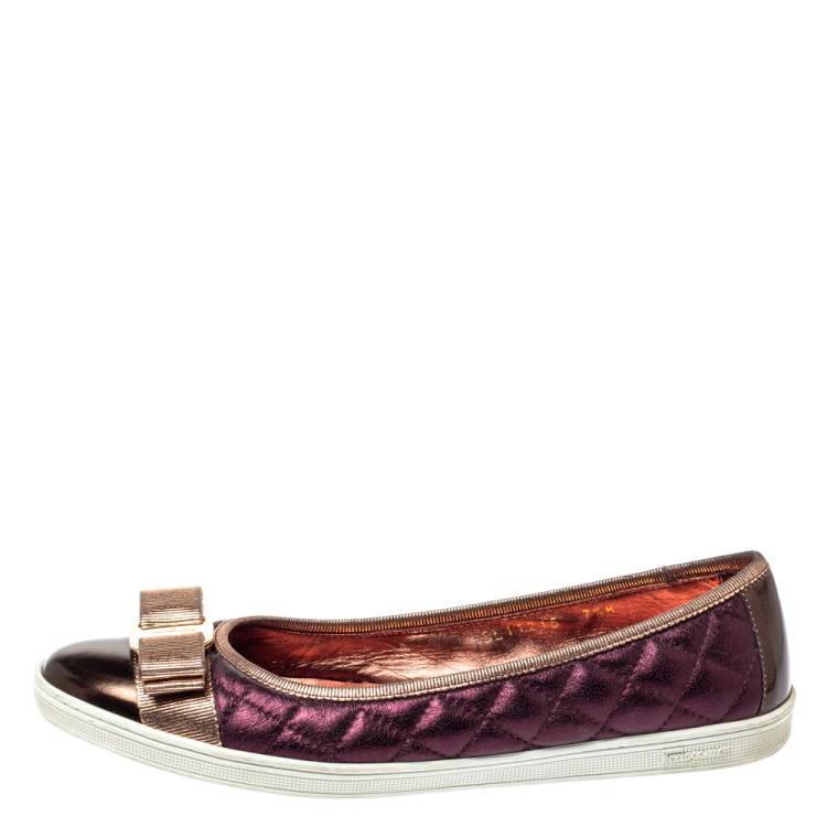 Pre Owned Salvatore Ferragamo Metallic Brown/Purple Leather Rufina Vara Bow Ballet Size 38
